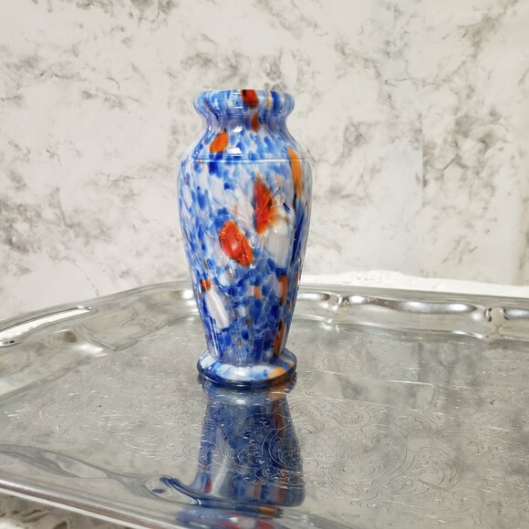MCM Vintage Multicolor Blue Orange White Spotted Glass Vase Japan 5" - Picture 8 of 9